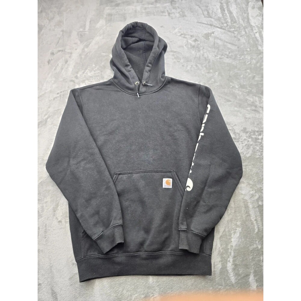 Carhartt Workwear Mens S Black Loose Fit Sleeve Logo Pullover Hoodie Sweatshirt
